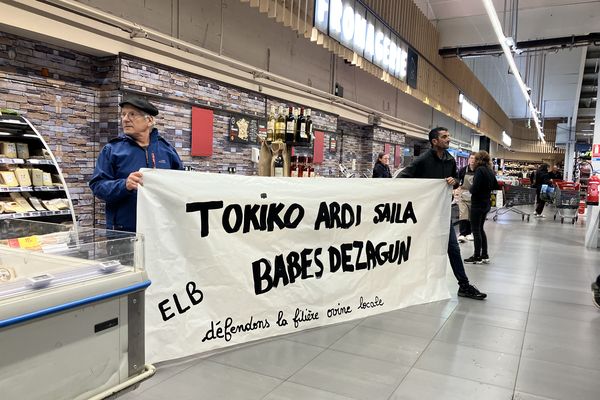 Des agriculteurs du syndicat basque ELB tenant une banderole devant le rayon viande d'une enseigne de la grande distribution à Hasparren (64), mardi 26 mars 2024. "Protéger la filière ovine locale" est-il inscrit.