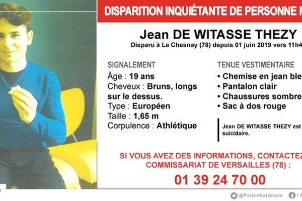 Jean de Witasse Thezy a disparu le 1er juin 2019, au niveau de la commune de Le Chesnay (Les Yvelines).