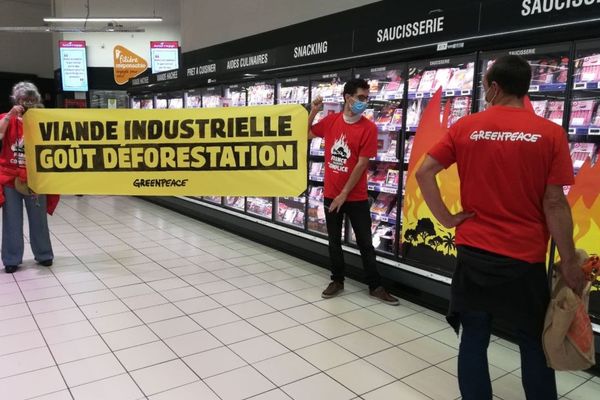 Les militants tourangeaux de Greenpeace en pleine action ce samedi matin dans un supermarché de Tours-Nord. 