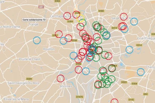 On peut trouver sur cette carte les noms et adresses des commerces et services sarthois restés ouverts.