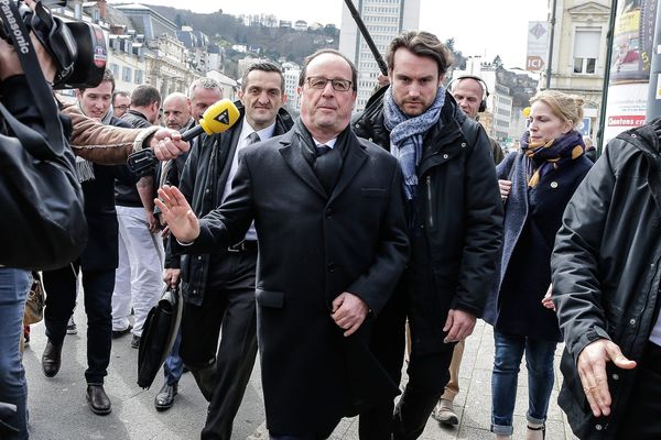 François Hollande, Président de la République lors de sont déplacement à Tulle pour voter lors du premier tour des élections départementales 2015.