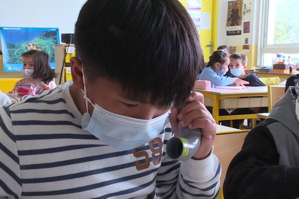 Les élèves de CP de l'école Maurice Alice à Cannes sont tous équipés d'un "chuchoteur", un petit tube en plastique qui permet de travailler la lecture à voix haute en autonomie. 