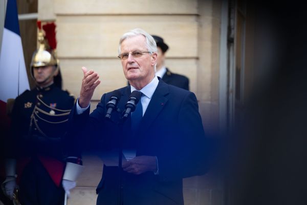 Michel Barnier, lors la passation de pouvoir ce jeudi 5 septembre 2024 à Matignon