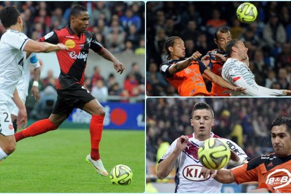 A gauche, le Guingampais Christophe Mandanne. En haut à droite, le Rennais Sylvain Armand (en blanc) et en bas à droite le Lorientais Raphael Guerreiro