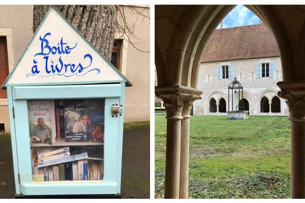 La boîte à livres de Mareuil et le cloître de l'abbaye de La Prée.