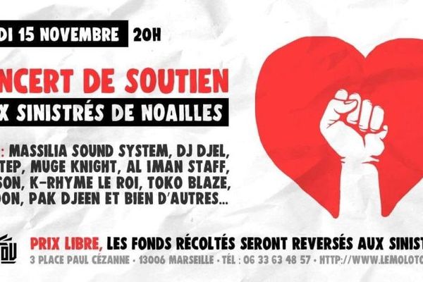 L'affiche du concert de ce soir au Molotov en soutien aux sinistrés de  la rue d'Aubagne.