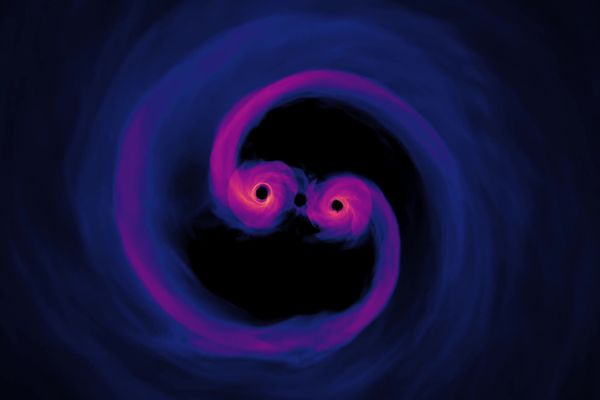 Simulation de deux trous noirs supermassifs en orbite l'un autour de l'autre, émettant un signal gravitationnel.