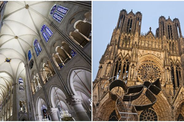 L'intérieur de Notre-Dame de paris, et la façade de la cathédrale de Reims