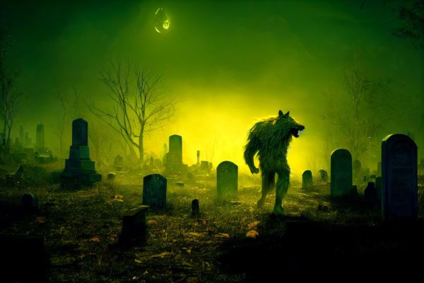 Un loup-garou - peut-être le bugul-noz des bretons- rode dans un cimetière ceint de brume. Illustration.