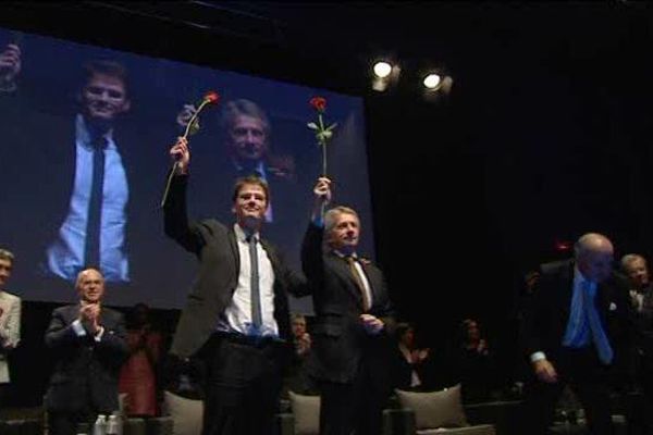 Nicolas Mayer-Rossignol et Laurent Beauvais, présidents sortants de la Haute et de la Basse -Normandie sous le signe de l'union pour conquérir la future grande région. 