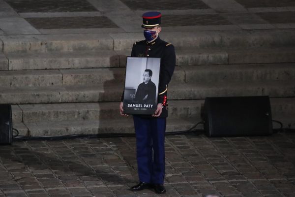 Paris, université de la Sorbonne, lors de l'hommage national à Samuel Paty le 21 octobre 2020