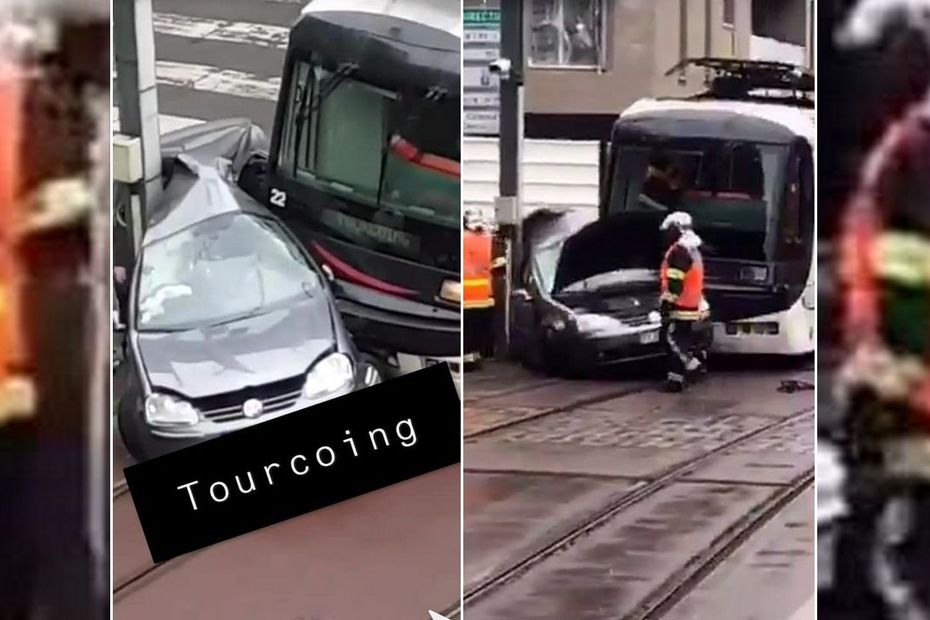 Tourcoing une voiture s'écrase entre un tramway et un poteau