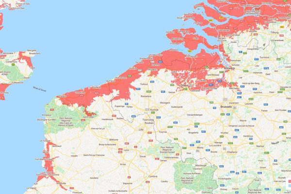 EN rouge, les zones potentiellement concernées dans le Nord Pas-de-Calkais