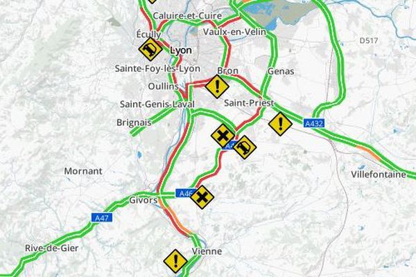 La circulation dans l'agglomération lyonnaise à 16h45.