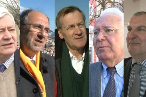 Cinq candidats briguent la mairie de Hyères, de gauche à droite : Bruno Gollnisch (FN), Francis Roux (UDI), William Seemuller (PS-EELV,FDG), Jean-Pierre Giran (UMP) et le maire Jacques Politi (sans étiquette).