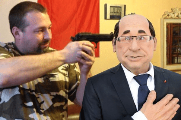 Le photomontage montrant Damien Hameau-Brielles visant la tempe de la marionnette de François Hollande