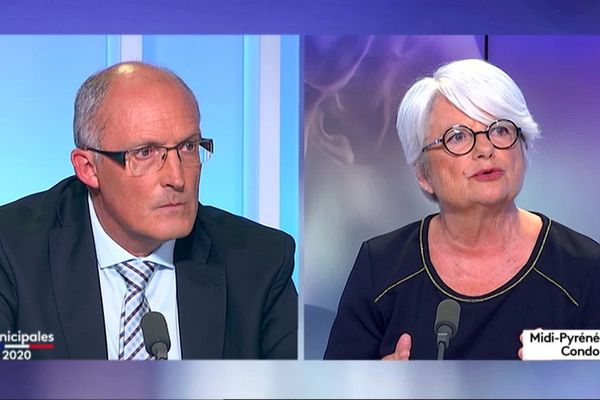 Les deux candidats au fauteuil de maire de Condom, Jean-François Rousse et Gisèle Biémouret, sur le plateau de France 3 Occitanie.