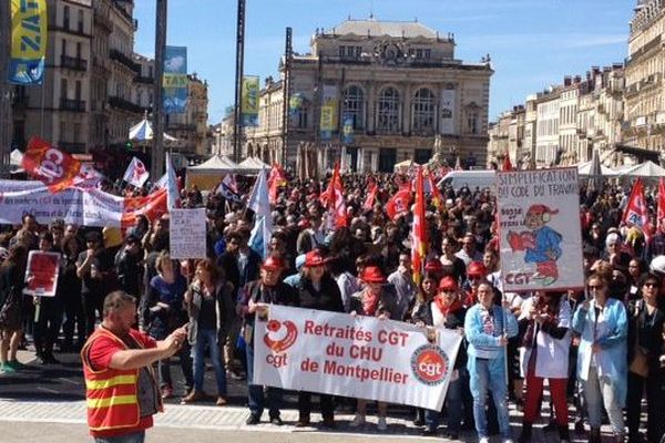 La manifestation contre la loi Travail le 9 avril 2016 place de la Comédie à Montpellier.