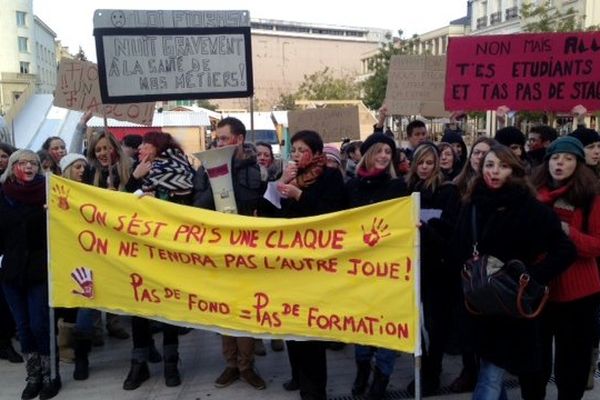 Le rassemblement des étidiants de l'IRTS de Poitiers, le 28 novembre 2013