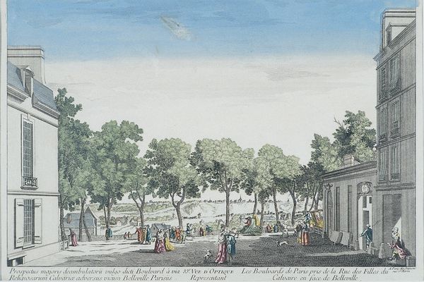 Gravure représentant les Boulevards de Paris près de la Rue des Filles du Calvaire en face de Belleville