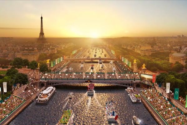 Une image de synthèse de la cérémonie d'ouverture des JO prévue sur la Seine le 26 juillet.