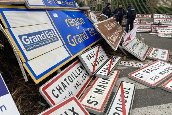 Les agriculteurs en colère ont déposé une centaine de panneaux indicatifs de communes devant la préfecture de Haute-Marne, le mercredi 13 novembre 2024, avant d'annoncer d'autres actions.