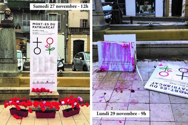 Le monument en hommage aux 101 femmes et 9 personnes transgenres a été saccagé quelques jours après son installation. Mende, le 1er décembre 2021.