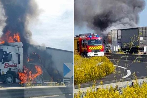 Béziers (Hérault) - camion en feu dans la bifurcation A9/A75 dans le sens Narbonne - Montpellier - 5 octobre 2023.