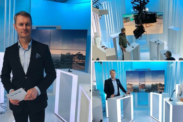 Emmanuel Faure réalise des tests dans le nouveau décor du 18.30 avec Paul Géli, journaliste présentateur de ce week-end