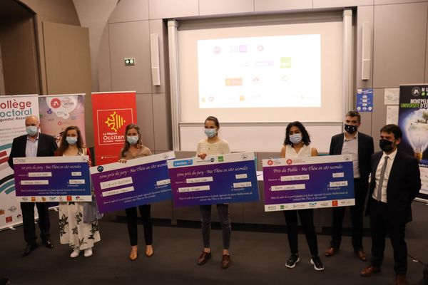 4 doctorants primés lors du concours "Ma thèse en 180 secondes" organisé par Les Collèges Doctoraux Languedoc-Roussillon de l’Université de Montpellier et le CNRS le 23 mars 2021.