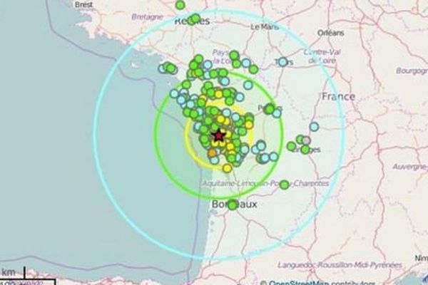 La carte de l'intensité du tremblement de terre de 5,2 autour de La rochelle selon les témoignages reçus par France Séisme.