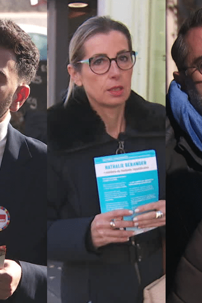 Camille Galliard-Minier (EPR), Lyes Louffok (LFI), Nathalie Béranger (LR), Hervé Gerbi (sans étiquette) et Alexandre Lacroix (RN), de gauche à droite, sont candidats à l'élection législative partielle dans la 1ère circonscription de l'Isère.