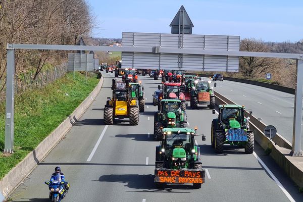 Plus de 150 tracteurs sur l'autoroute A63 ce jeudi 7 mars, en route vers le poste frontière de Biriatou