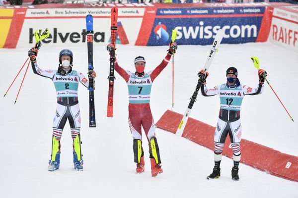 Clément Noël, Manuel Feller et Alexis Pinturault à l'issue du slalom de Lenzerheide dimanche 21 mars.