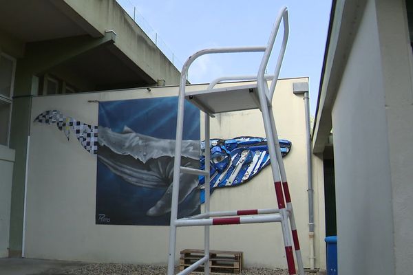 L'artiste Mathieu Perronno a réalisé cette baleine avec des matériaux de récupération sur les murs de l'ancienne piscine de Cognac, en Charente.