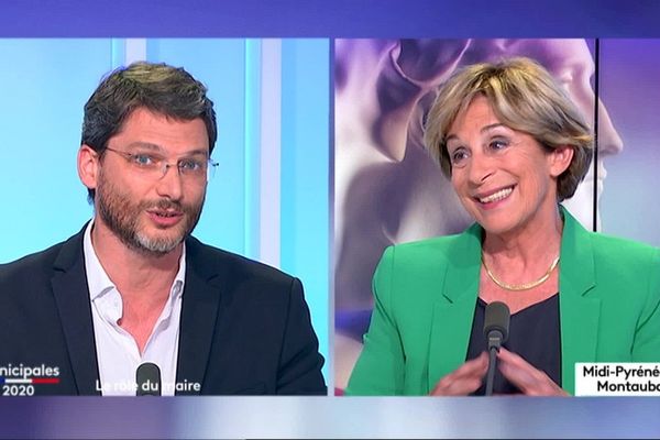 Arnaud Hillion et Brigitte Barèges sur le plateau de France 3 Occitanie, pour le débat du second tour à Montauban