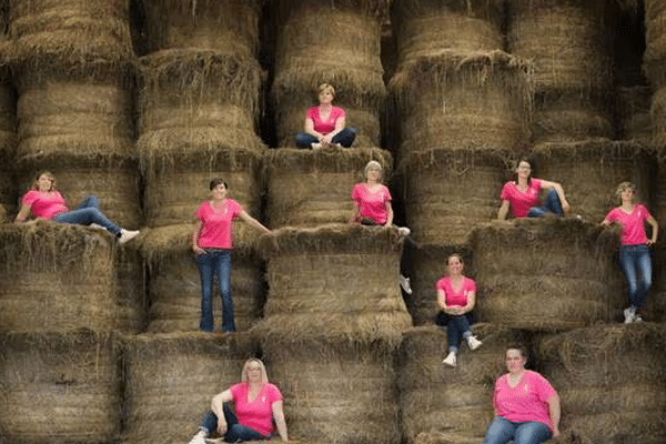 Le groupe Agricultur’elles, composé d’Adèle Leboucq, Céline Juhel, Céline Baillieul, Élodie Anfray, Gaëlle Boursin, Hélène Lerouxel, Karine Hellouin et Myriam Pupin pose pour son calendrier 2025.