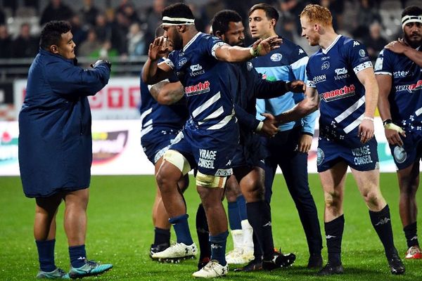 Stade de La Rabine à Vannes, le 22/03/2019 25e journée de ProD2 RC : Vannes / Bourg-en-Bresse - La joie des Vannetais ( Kitione Kamikamica ) suite à leur victoire face à Bourg-en-Bresse