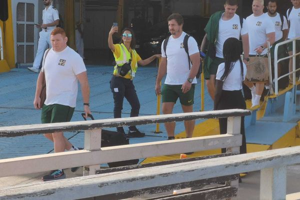 Les Springboks, l'équipe d'Afrique du Sud de rugby, ont débarqué ce dimanche dans le port de Toulon après un trajet en Corsica Ferries. Ils ont ensuite rejoint leur camp de base de La Seyne sur Mer en bus.