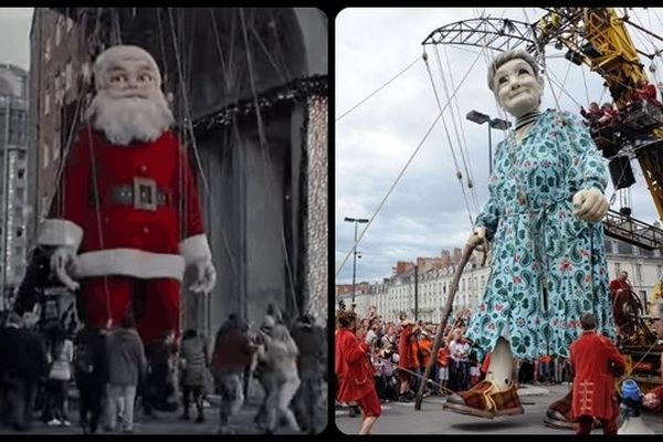 A gauche, une capture d'écran de la pub Coca-Cola et du Santa Claus de 12 mètres de haut. A droite, le dernier personnage de Royal de Luxe, la grand-mère