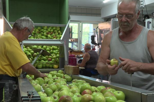 Au sein de l'atelier de Rossfeld, les dix bénévoles séniors se relaient pour presser près de 1 100 kilos de pommes par jour.