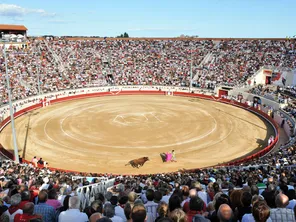 Les arènes de Béziers dans l'Hérault noires de monde pour assister aux corridas et novilladas lors de la feria - Illustration.