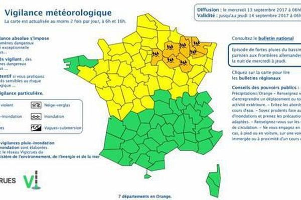 Sept départements ont été placés, mercredi 13 septembre, en vigilance orange "pluie-inondation".  