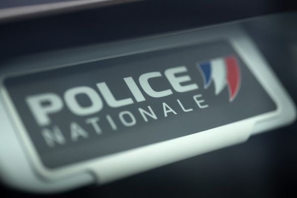 Logo de la police nationale sur un pare-soleil de voiture, à Mahalon en février 2024 (image d'illustration).