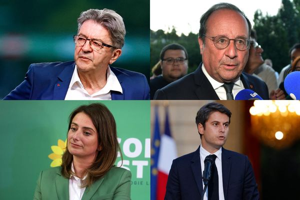 En haut à gauche : Jean-Luc Mélenchon, en haut à droite : François Hollande, en bas à gauche : Marine Tondelier, en bas à droite : Gabriel Attal.