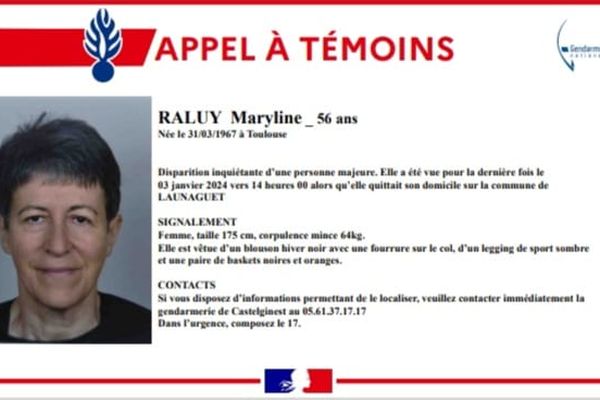 Marine Raluy, une femme d'une cinquantaine d'années (née le 31 mars 1967) à Toulouse n'a plus donné signe de vie depuis le 3 janvier 2024.