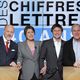 Les animateurs du programme "Des chiffres et des Lettres" (de gauche à droite) : Arielle Boulin-Prat, Bertrand Renard et Laurent Romejko ainsi que l'ancien présentateur : Patrice Laffont. Photo prise en 2012.