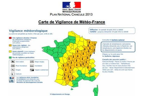 Les département en jaune foncé sont en vigilance niveau 2 (juste avant la vigilance rouge), donc en alerte météorologique. 