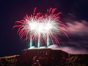 Feu d'artifice au dessus de la Citadelle et du Lion de Belfort lors de la fête nationale de 2023.