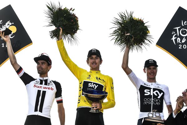 Le podium 2018 du Tour de France : Geraint Thomas, Tom Dumoulin et Chris Froome.